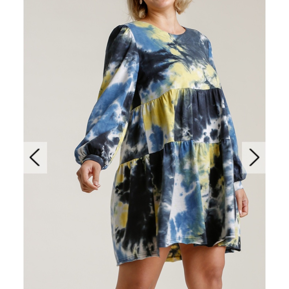 D7. UMGEE. Tie Dye Round Neck Babydoll Dress Rawn Hem